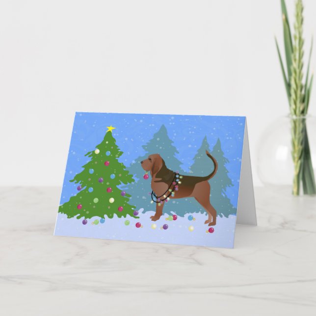 Bloodhound Dog Decorating Christmas Tree Holiday Card (Front)