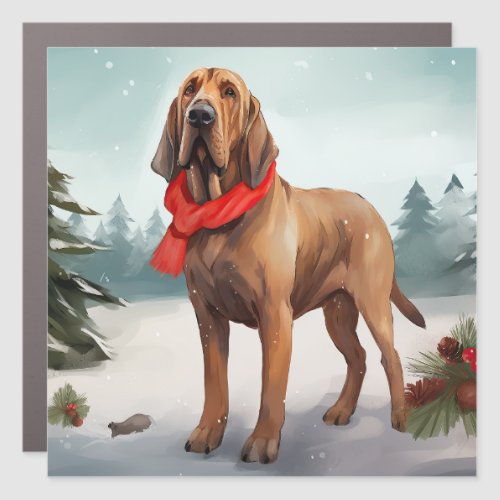 Bloodhound Dog in Snow Christmas Car Magnet