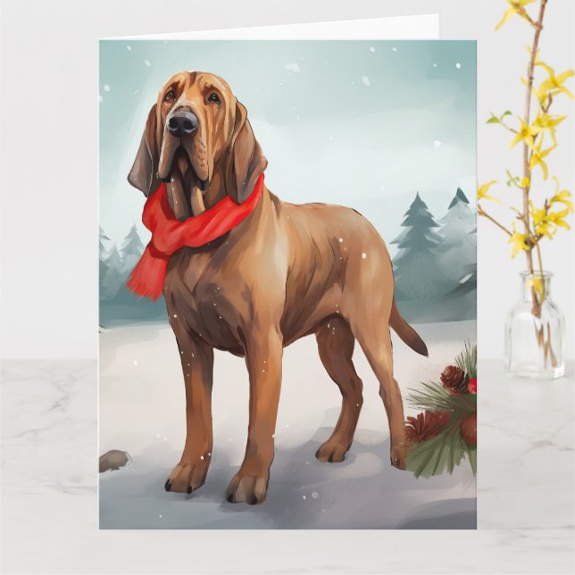 Bloodhound Dog in Snow Christmas Card (Yellow Flower)