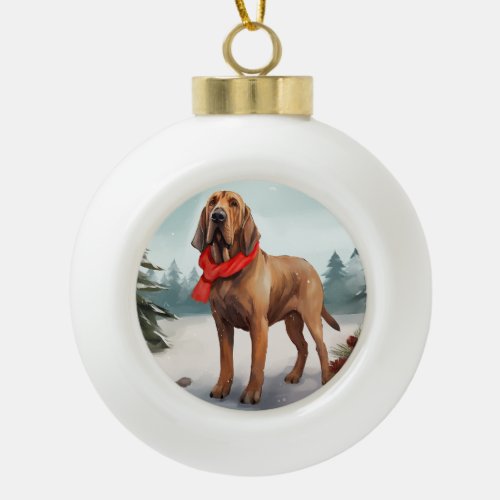 Bloodhound Dog in Snow Christmas Ceramic Ball Christmas Ornament