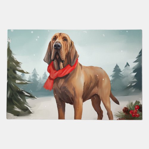 Bloodhound Dog in Snow Christmas Doormat