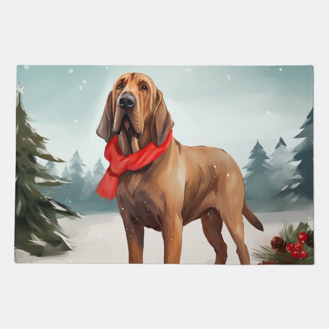 Bloodhound Dog in Snow Christmas Doormat (Front)