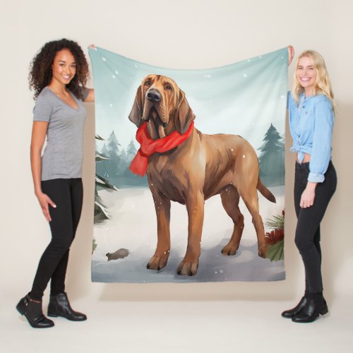 Bloodhound Dog in Snow Christmas Fleece Blanket