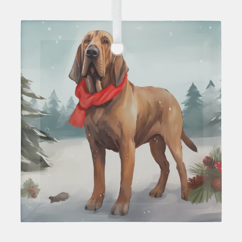 Bloodhound Dog in Snow Christmas Glass Ornament