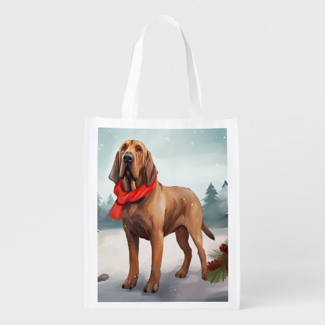 Bloodhound Dog in Snow Christmas Grocery Bag (Front)