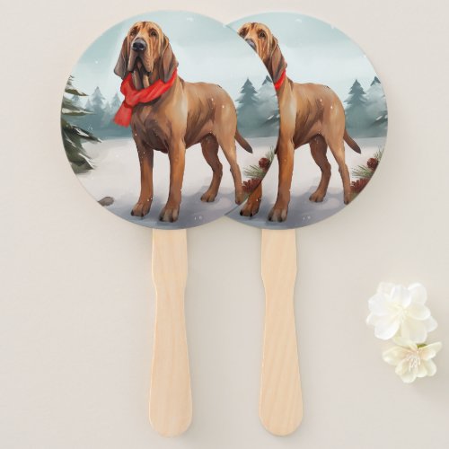 Bloodhound Dog in Snow Christmas Hand Fan