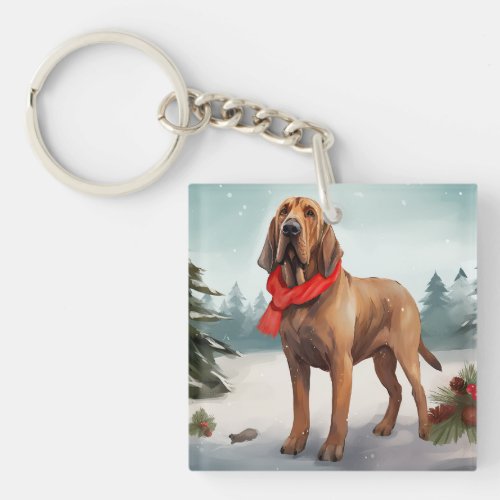 Bloodhound Dog in Snow Christmas Keychain