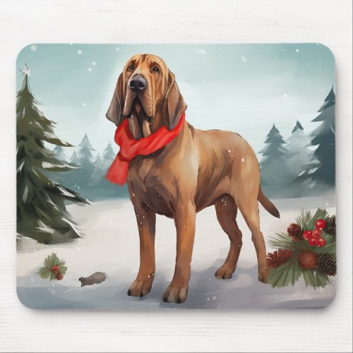 Bloodhound Dog in Snow Christmas Mouse Pad