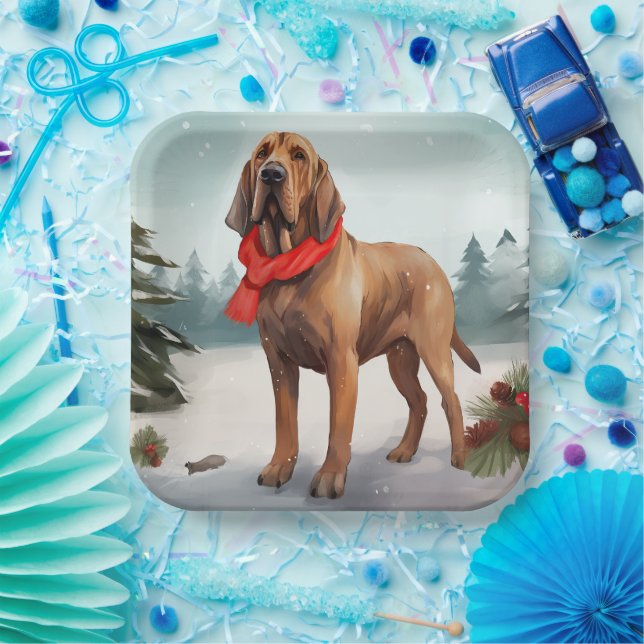 Bloodhound Dog in Snow Christmas Paper Plates (Party)