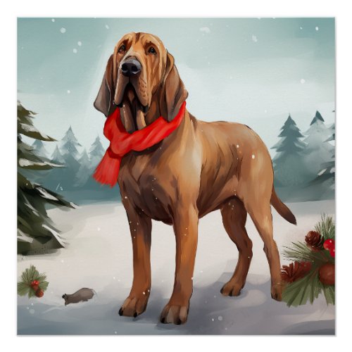 Bloodhound Dog in Snow Christmas Poster