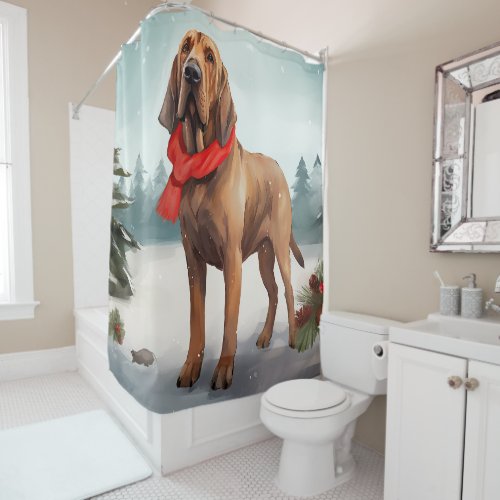Bloodhound Dog in Snow Christmas Shower Curtain