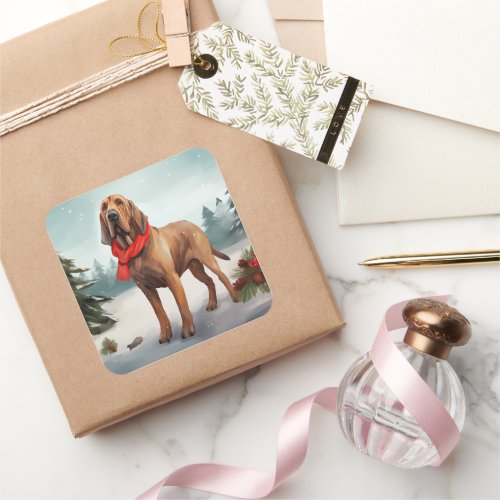Bloodhound Dog in Snow Christmas Square Sticker