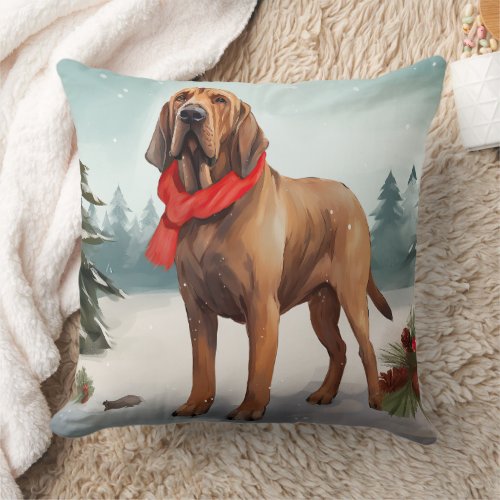 Bloodhound Dog in Snow Christmas Throw Pillow