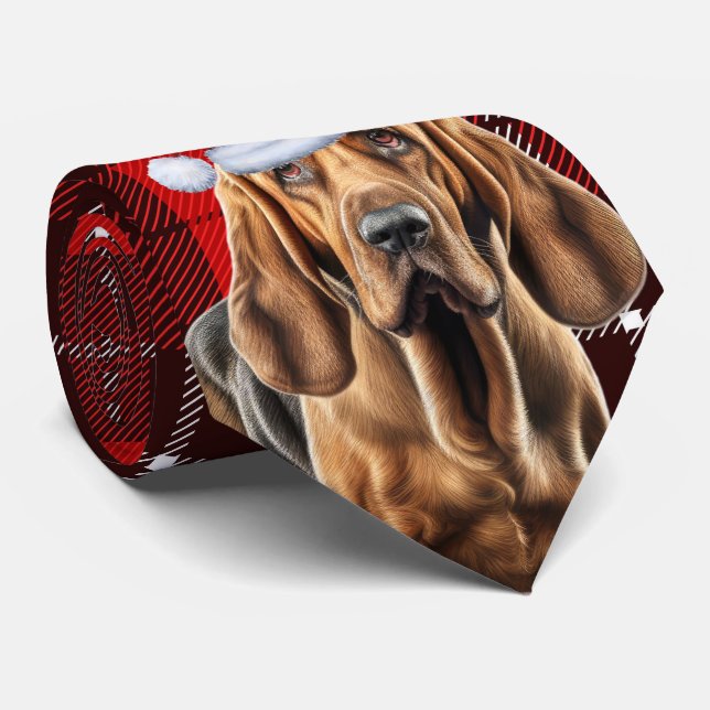 Bloodhound Dog Red Holiday Plaid Christmas Neck Tie (Rolled)