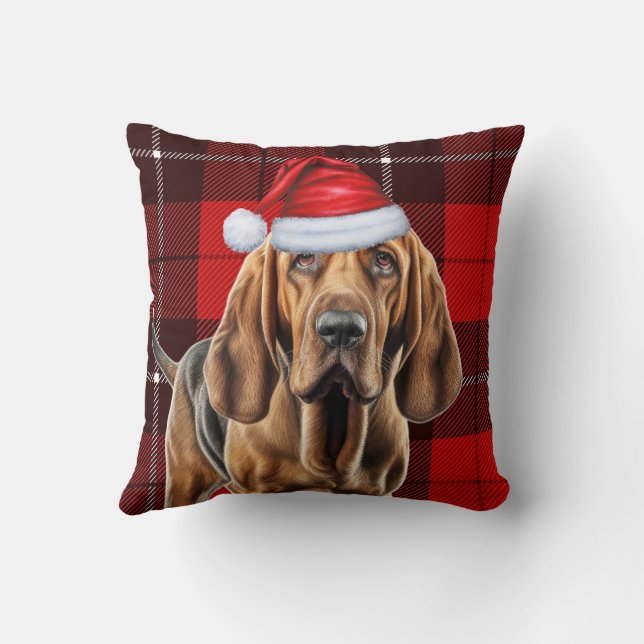 Bloodhound Dog Red Holiday Plaid Christmas Throw Pillow (Back)