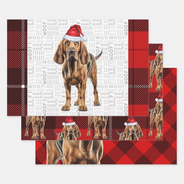 Bloodhound Dog Red Holiday Plaid Christmas Wrapping Paper Sheets (Set)