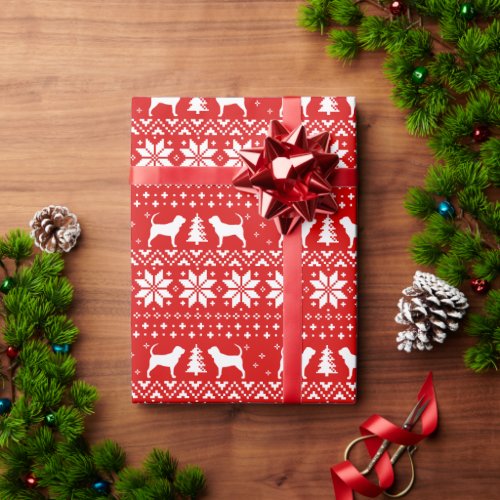 Bloodhound Dog Silhouettes Christmas Holiday Red Wrapping Paper