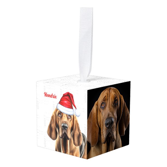 Bloodhound Dog Two Photo Christmas Holiday Cube Ornament (Front Angled)