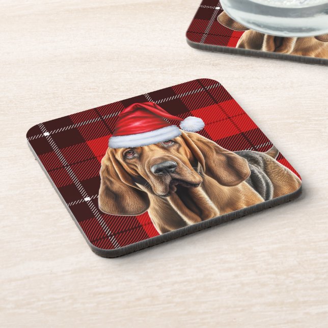Bloodhound Dog with Red Holiday Plaid Beverage Coaster (Left Side)