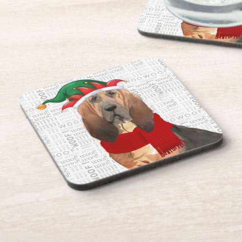 Bloodhound Dog with Woof Word Art Holiday Beverage Coaster
