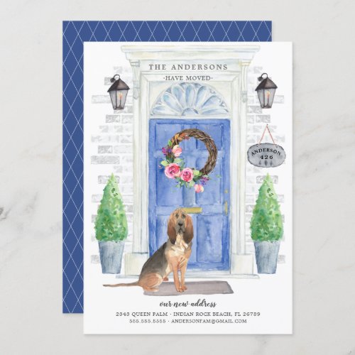 BloodHound Front Door Moving Announcement - Announce your new address with our stylish announcement featuring a BloodHound, blue front door, welcome mat, slate sign, topiaries and a floral wreath set on a gray brick background.