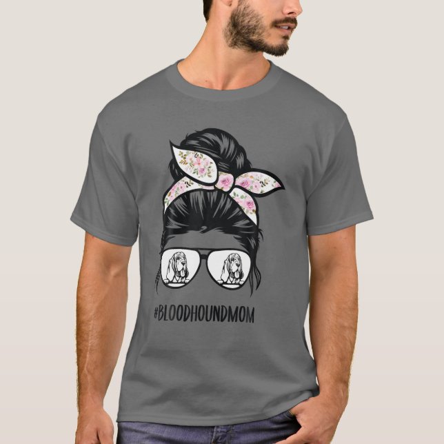 Bloodhound Mom Messy Bun Hair Glasses T-Shirt (Front)