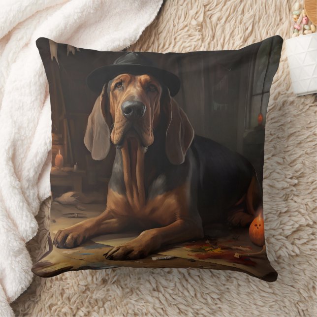 Bloodhound Pumpkins Halloween Scary  Throw Pillow (Blanket)