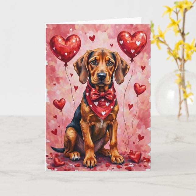 Bloodhound Valentine Dog Sitting with Hearts Red Card (Yellow Flower)