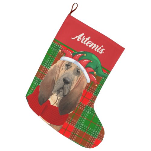 Bloodhound with Holiday Plaid and Dogs Name Large Christmas Stocking