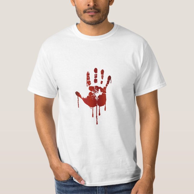 Bloody halloween hand | text on back man's shirt (Front)
