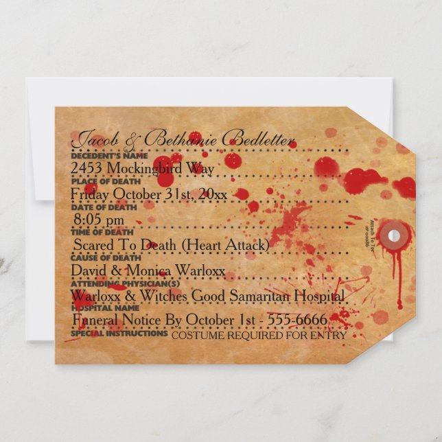 Bloody Halloween Toe Tag Invitation (Front)