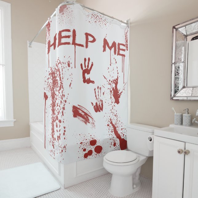 Bloody Hand Print Blood Splattered Halloween Shower Curtain (In Situ)