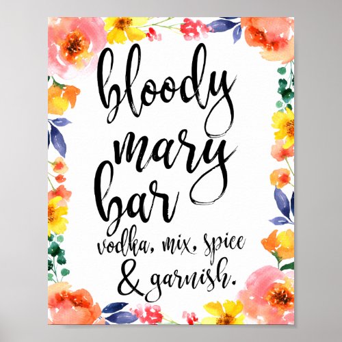 Bloody Mary Bar Floral Watercolor 8x10 Sign