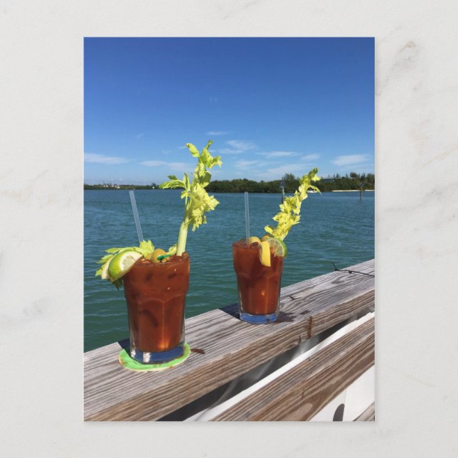 Bloody Mary drinks on a railing with ocean Postcard (Front)
