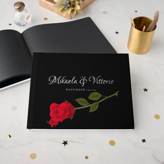 Bloody Rose Elegant Black Gothic Wedding Foil Guest Book (Front Open)