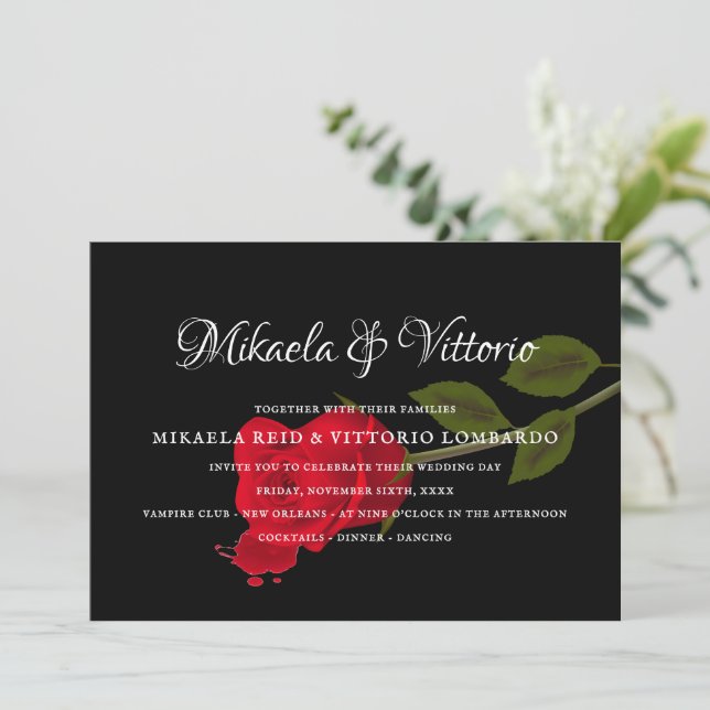 Bloody Rose Elegant Black Gothic wedding Invitation (Standing Front)