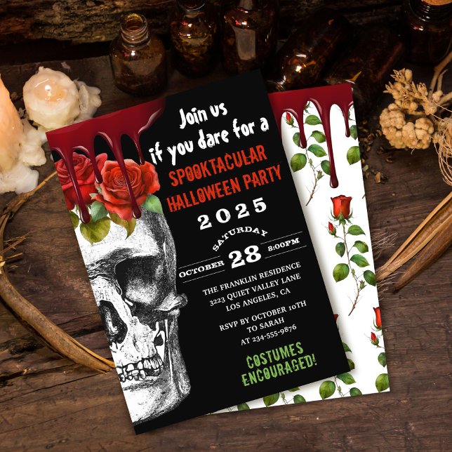 Bloody Skull Rose Adult Halloween Costume Party Invitation (Creator Uploaded)
