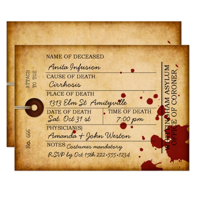 Bloody Toe Tag Halloween Antique Grunge Asylum Invitation