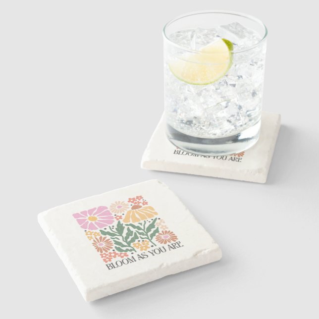 Bloom As You Are Boho Floral Inspirational Quote Stone Coaster (Side)
