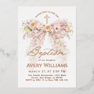 Bloom Floral Bow Girl Baptism Foil Invitation