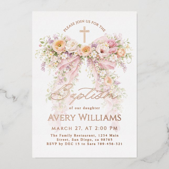 Bloom Floral Bow Girl Baptism Foil Invitation (Front)