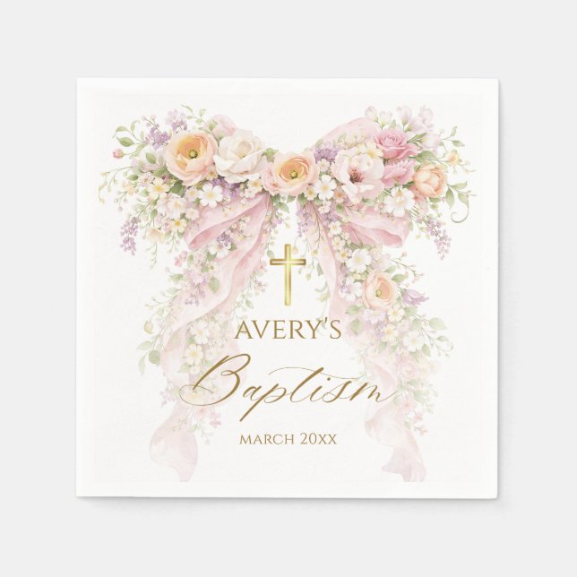 Bloom Floral Bow Girl Baptism Napkins (Front)