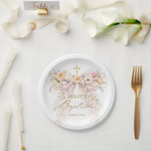 Bloom Floral Bow Girl Baptism Paper Plates
