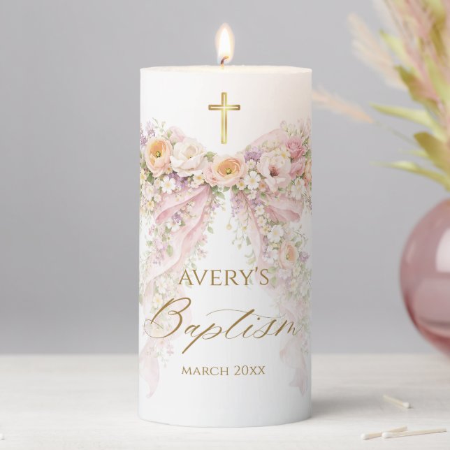 Bloom Floral Bow Girl Baptism Pillar Candle (In Situ)