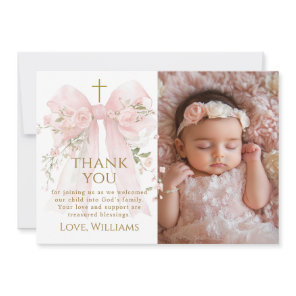 Bloom Floral Bow Girl Baptism Thank You Card