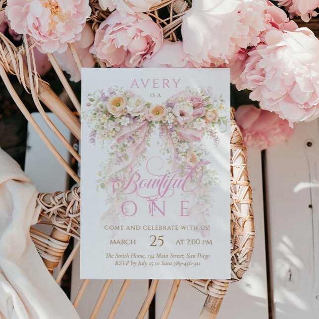 Bloom Floral Bow Girl First Birthday Invitation (Creator Uploaded)