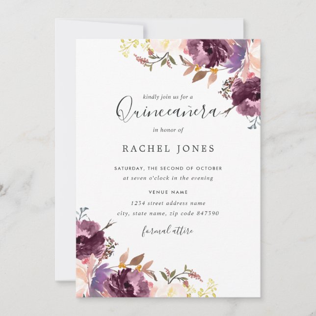 Bloom Floral Purple Watercolor Quinceanera Invitation (Front)