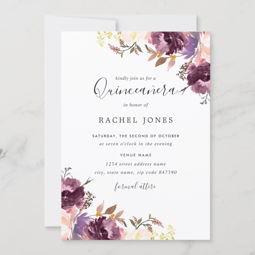 Bloom Floral Purple Watercolor Quinceanera Invitation | Zazzle