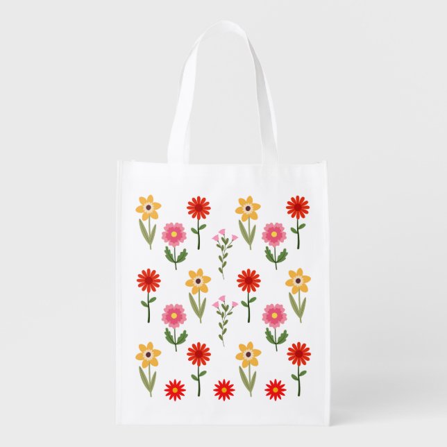 Bloom Grid – Retro Floral Pattern Tote (Front)