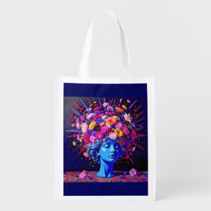 "Bloom of Eternity" – A Colourful Surreal Portrait Grocery Bag